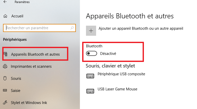 Windows 10 a installé le Bluetooth Paramètres Windows