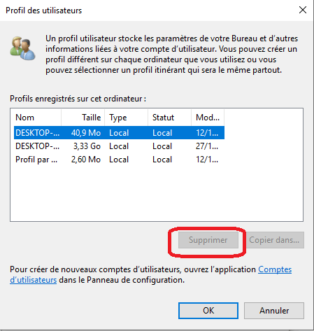supprimer un profil utilisateur sous Windows 10