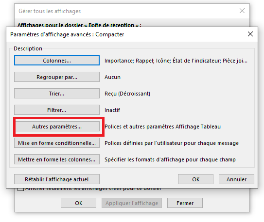 Paramètres d’affichage Outlook avancés