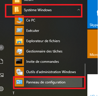 panneau de configuration Windows 10