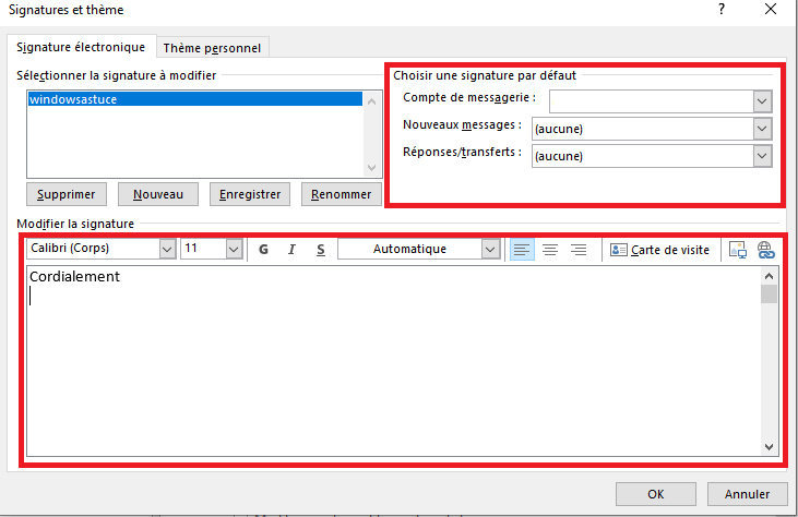 signature dans Outlook pour Windows