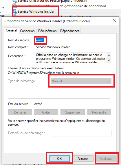 désactiver Service Windows Insider