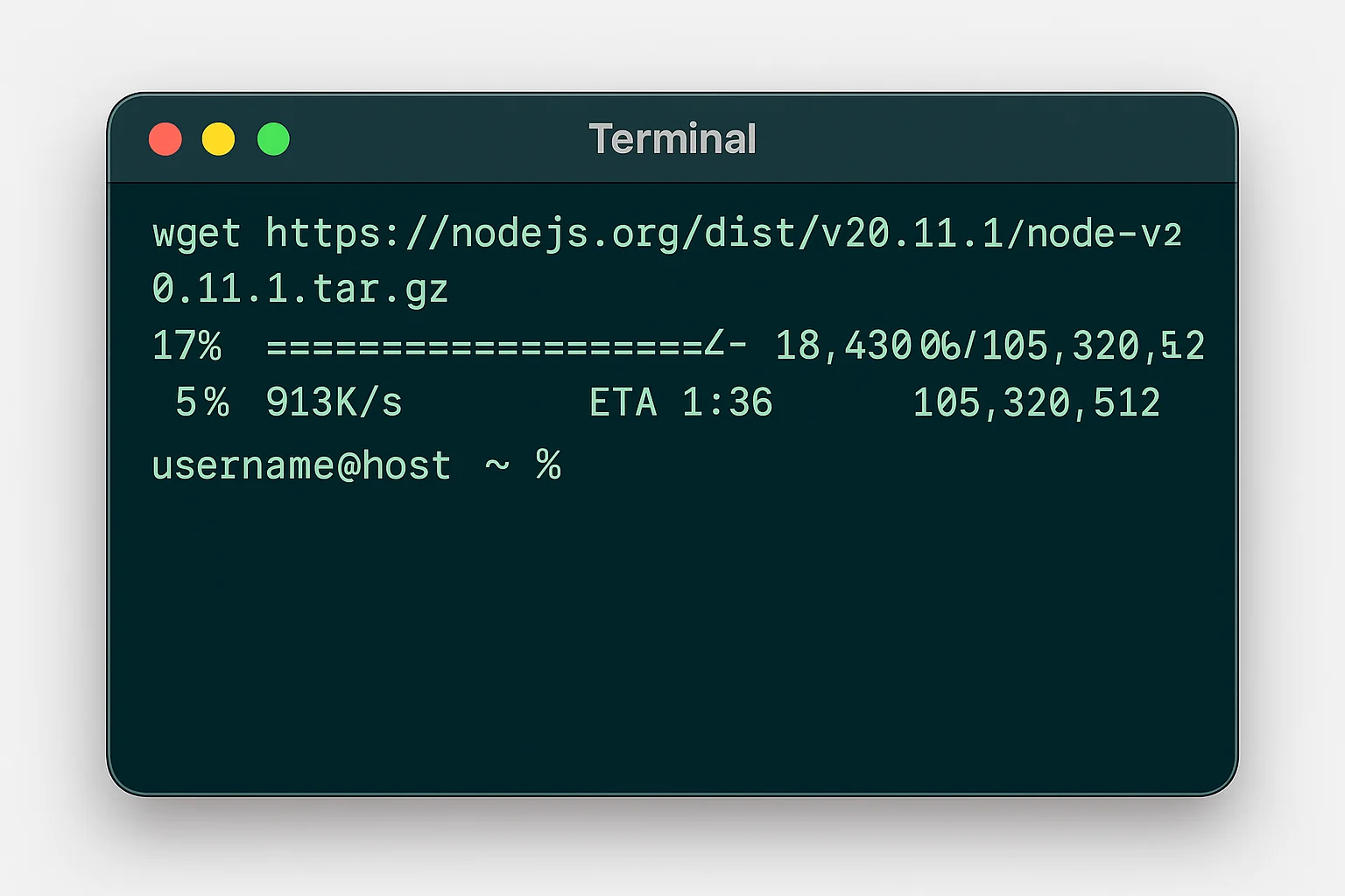 Terminal affichant le téléchargement wget du fichier tar.gz Node.js avec la progression du téléchargement