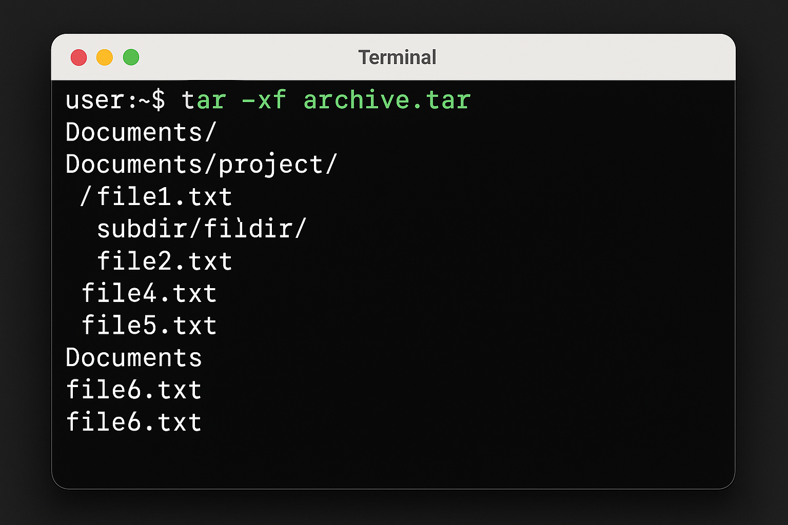 Terminal affichant la commande d'extraction tar avec la liste des répertoires extraits visible