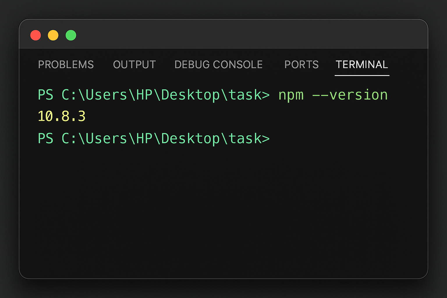 Terminal affichant les commandes de nœud et de version npm réussies avec sortie de version