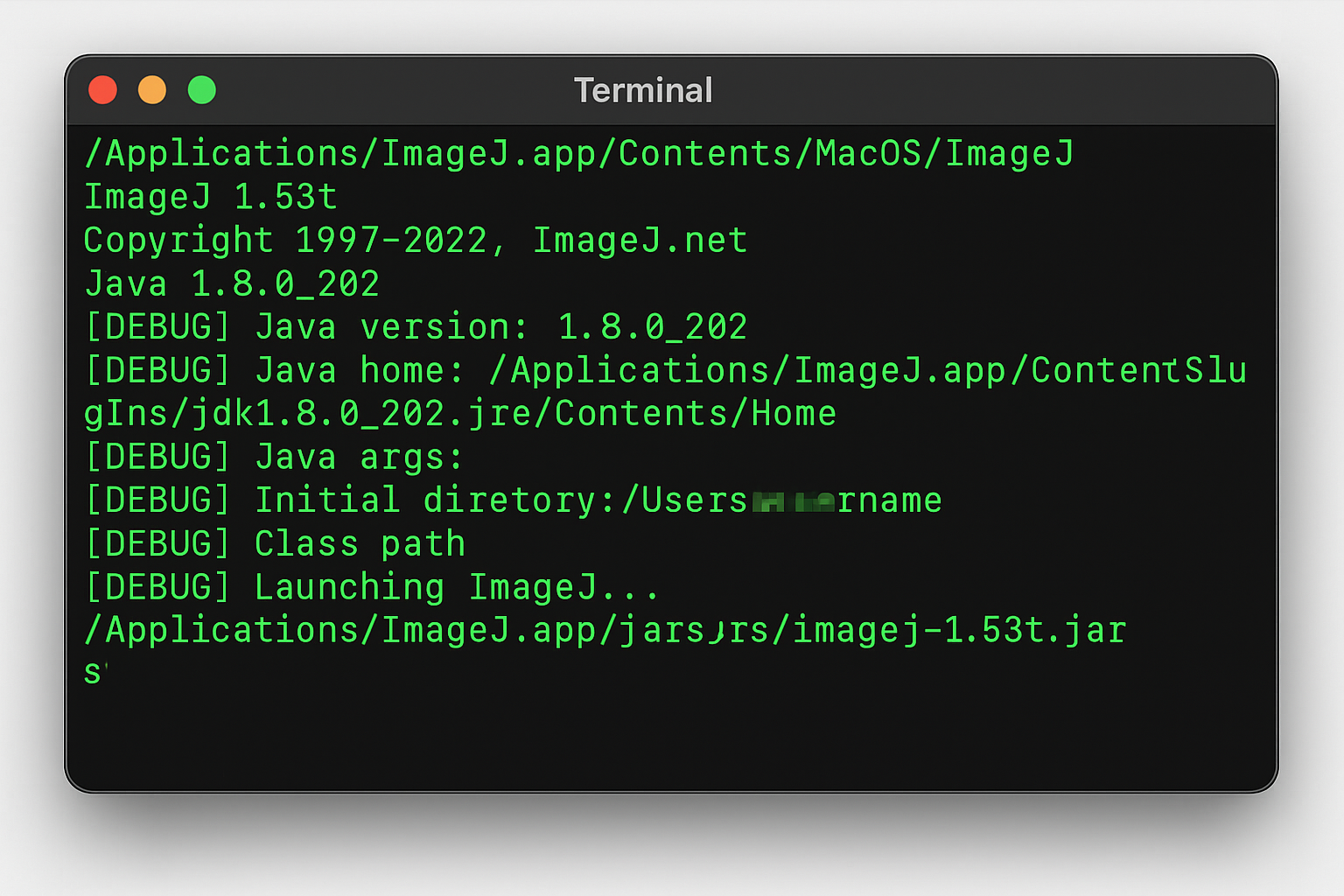 Terminal affichant la commande de démarrage ImageJ avec le lancement de l'application