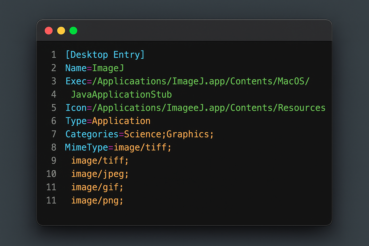 Éditeur de texte montrant la configuration du fichier ImageJ Desktop avec la syntaxe appropriée mise en évidence