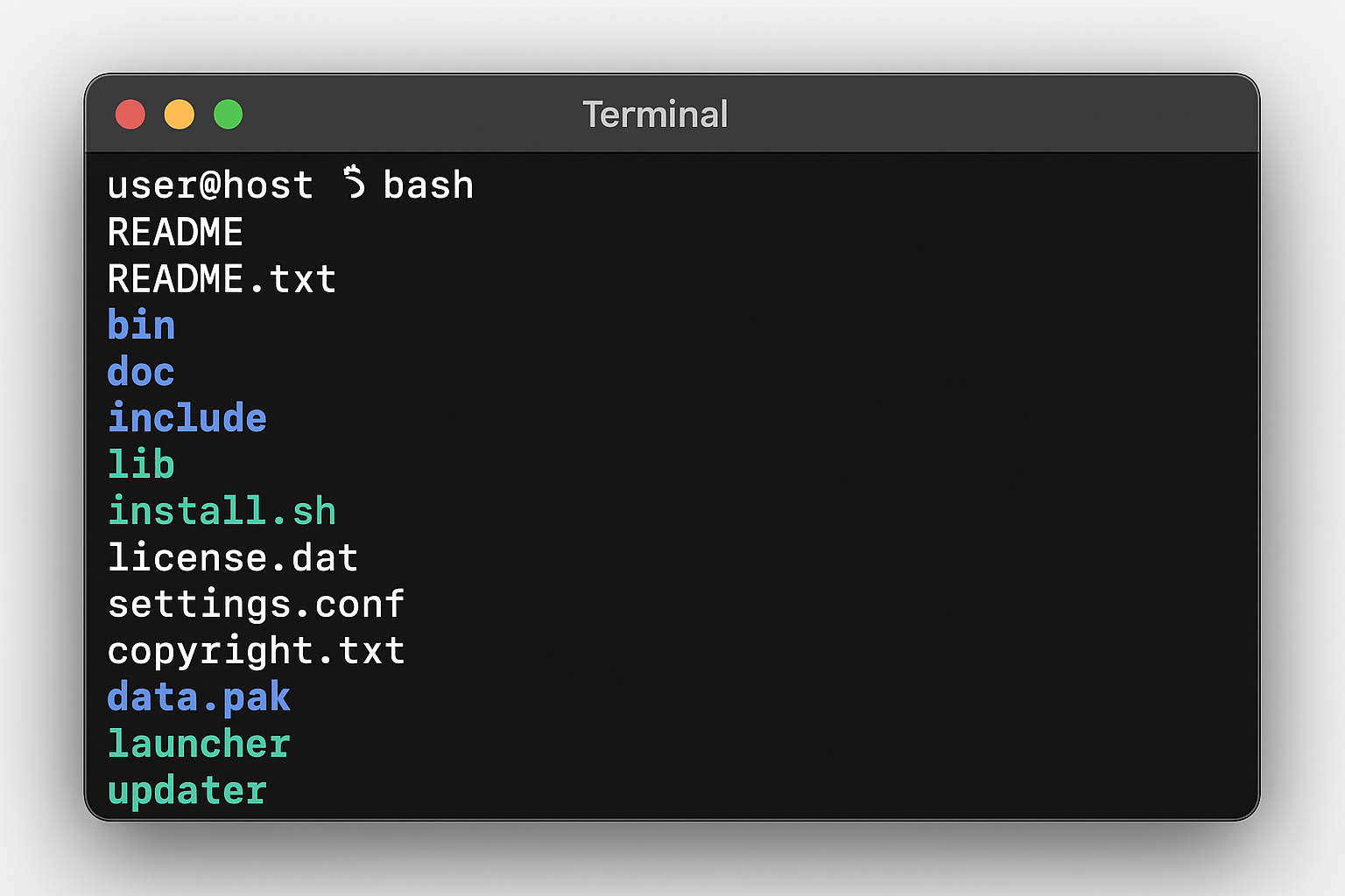 Terminal affichant la liste des répertoires des logiciels propriétaires extraits avec README et les fichiers d'installation visibles