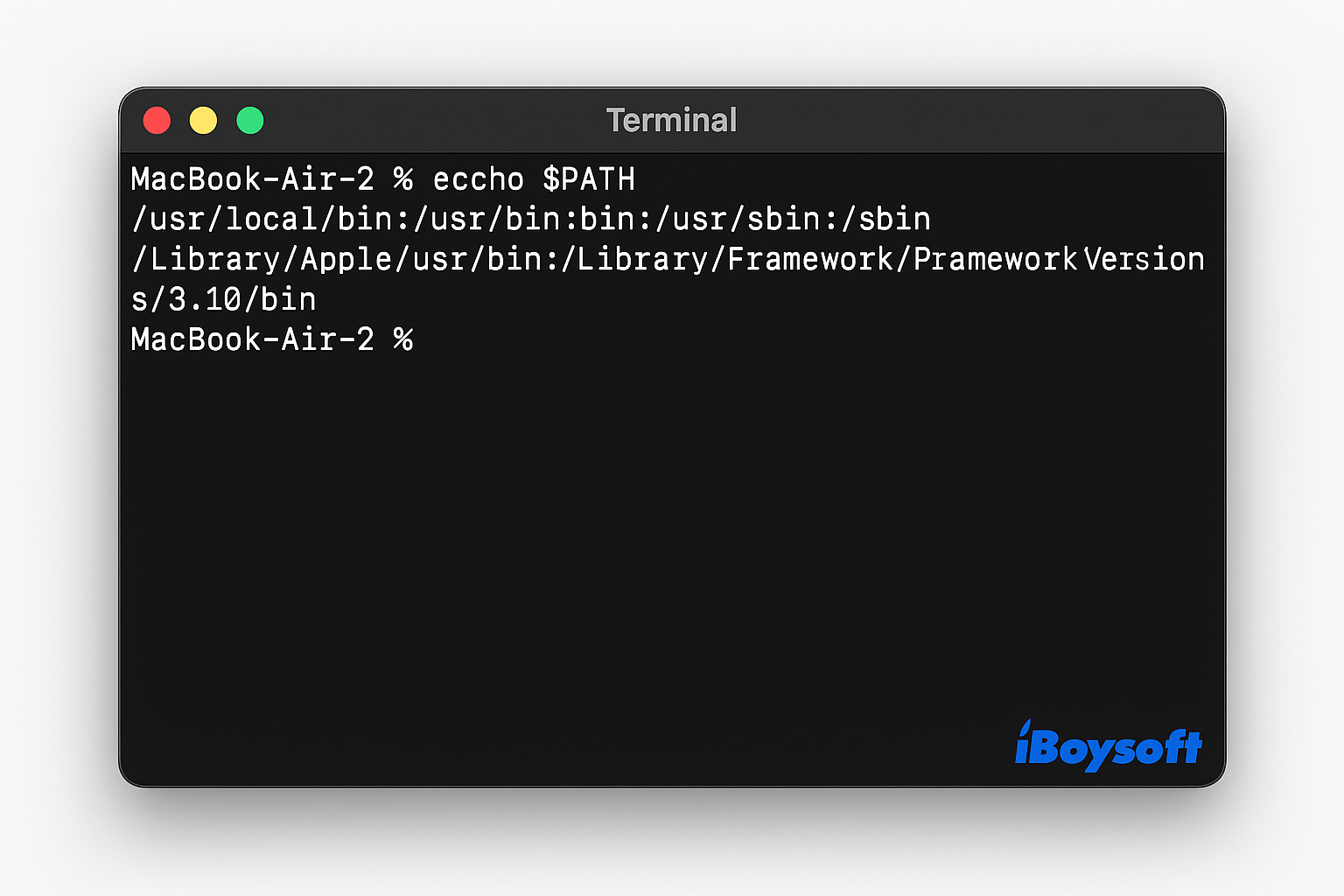 Terminal affichant la commande PATH echo et les étapes de dépannage pour l'erreur de commande introuvable