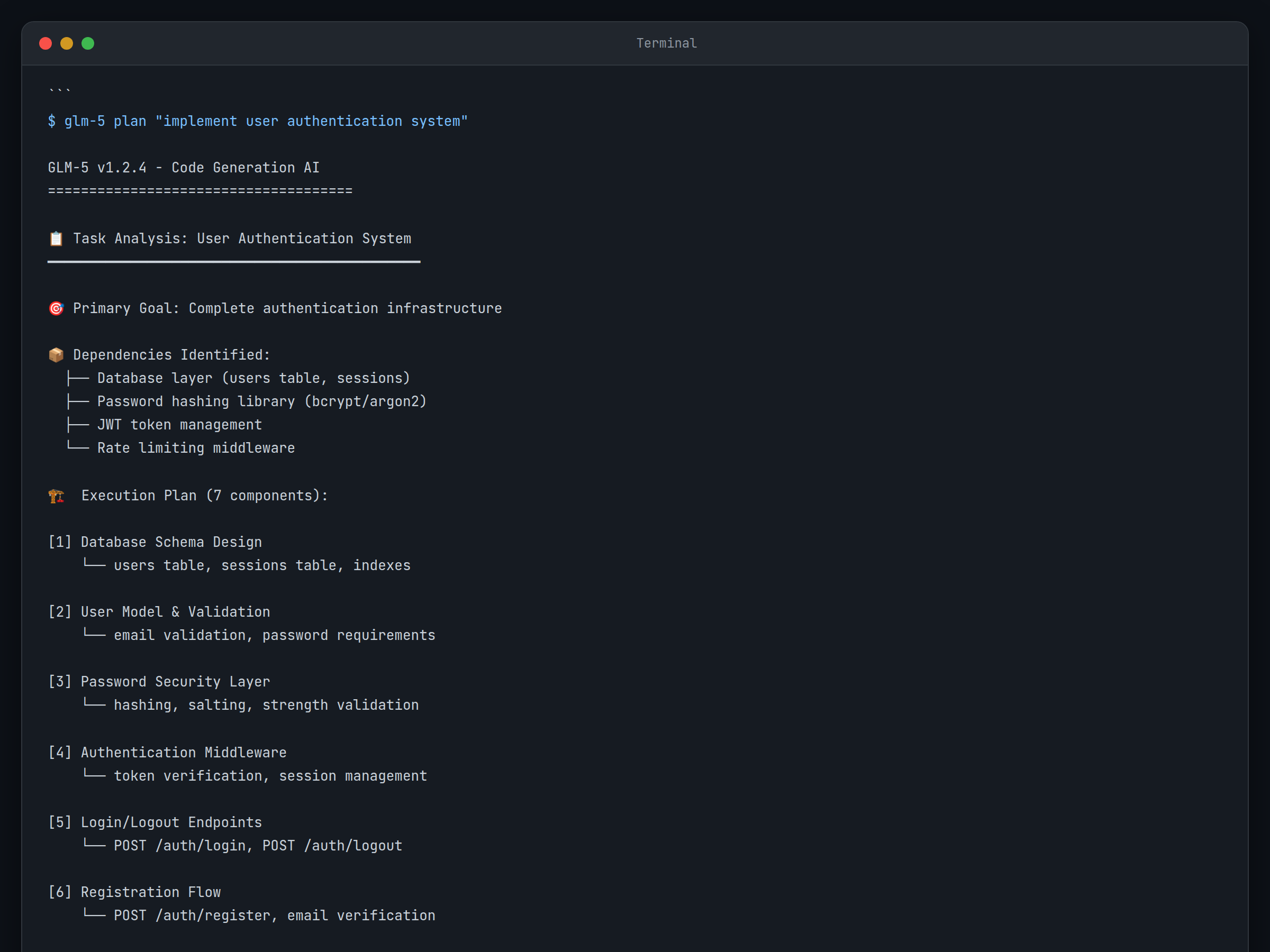 plateforme=terminal ; vue=terminal ; description=GLM-5 montrant la répartition des tâches pour la mise en œuvre du système d'authentification