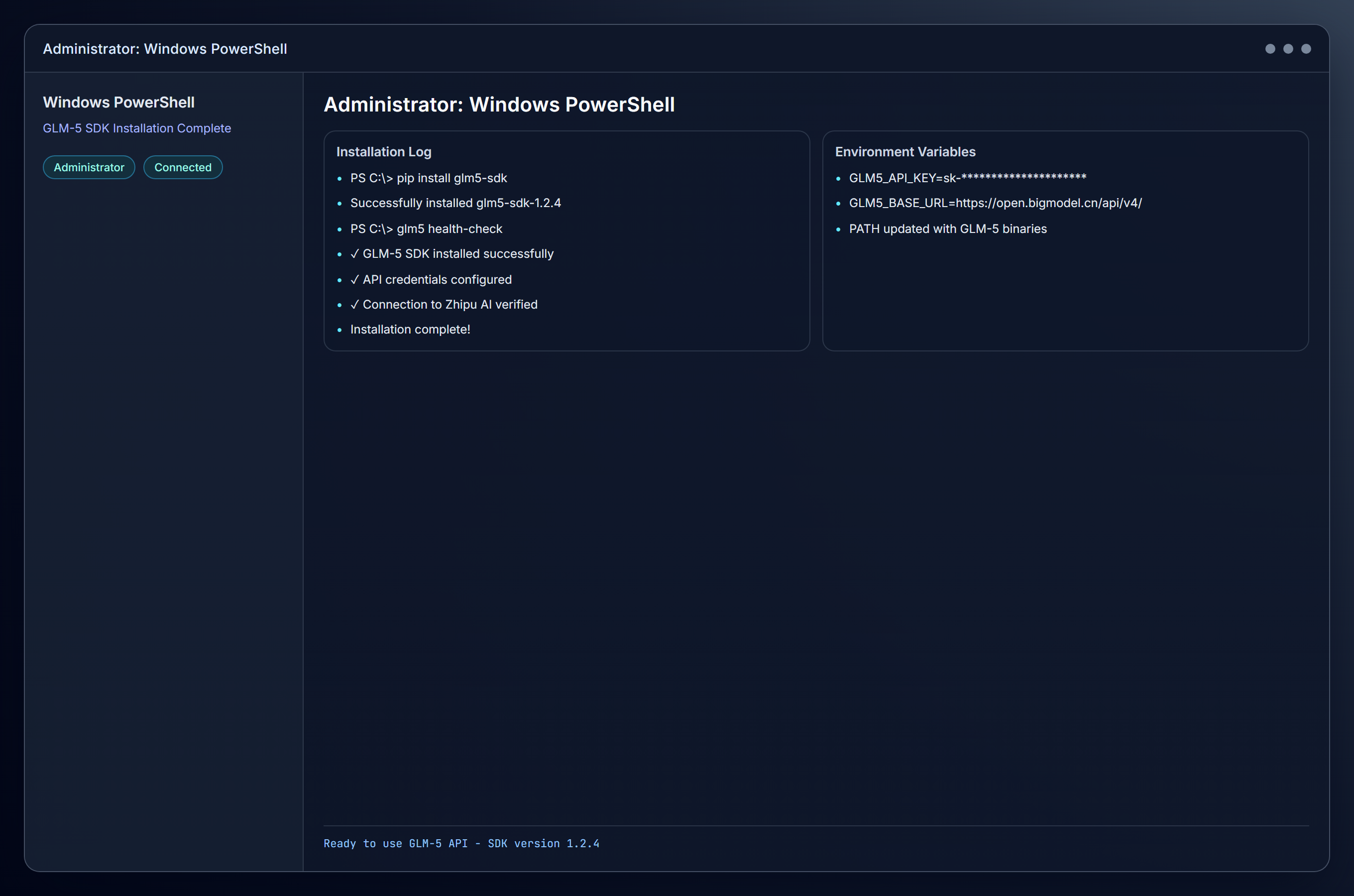 plateforme=windows ; vue = système d'exploitation ; description=PowerShell affichant une installation réussie de GLM-5 sous Windows