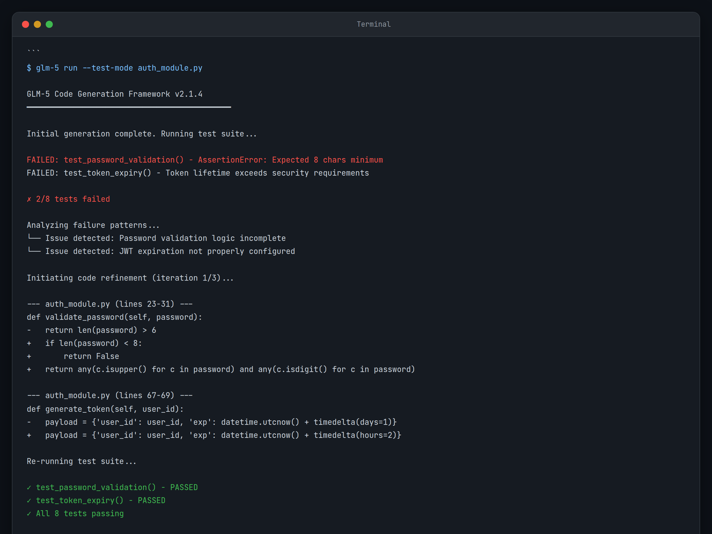plateforme=terminal ; vue=terminal ; description=GLM-5 itérant sur le code après avoir reçu les commentaires du test