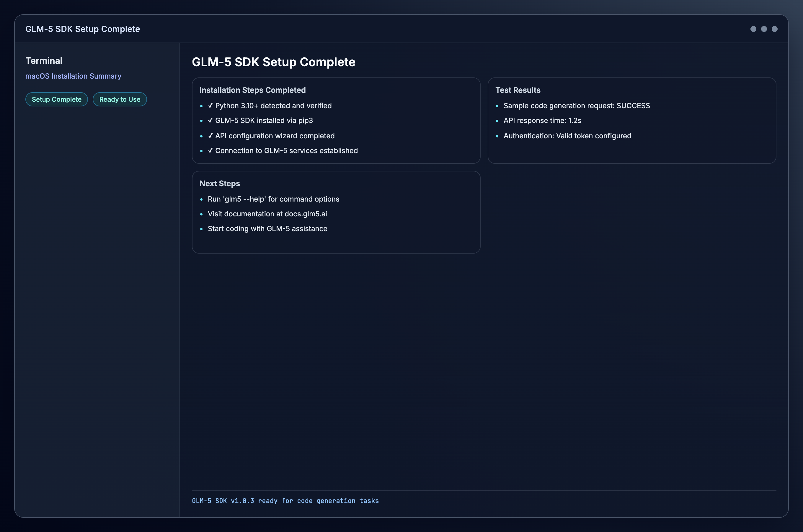 plateforme=macos ; vue = système d'exploitation ; description=Terminal affichant la fin de la configuration de GLM-5 sur macOS