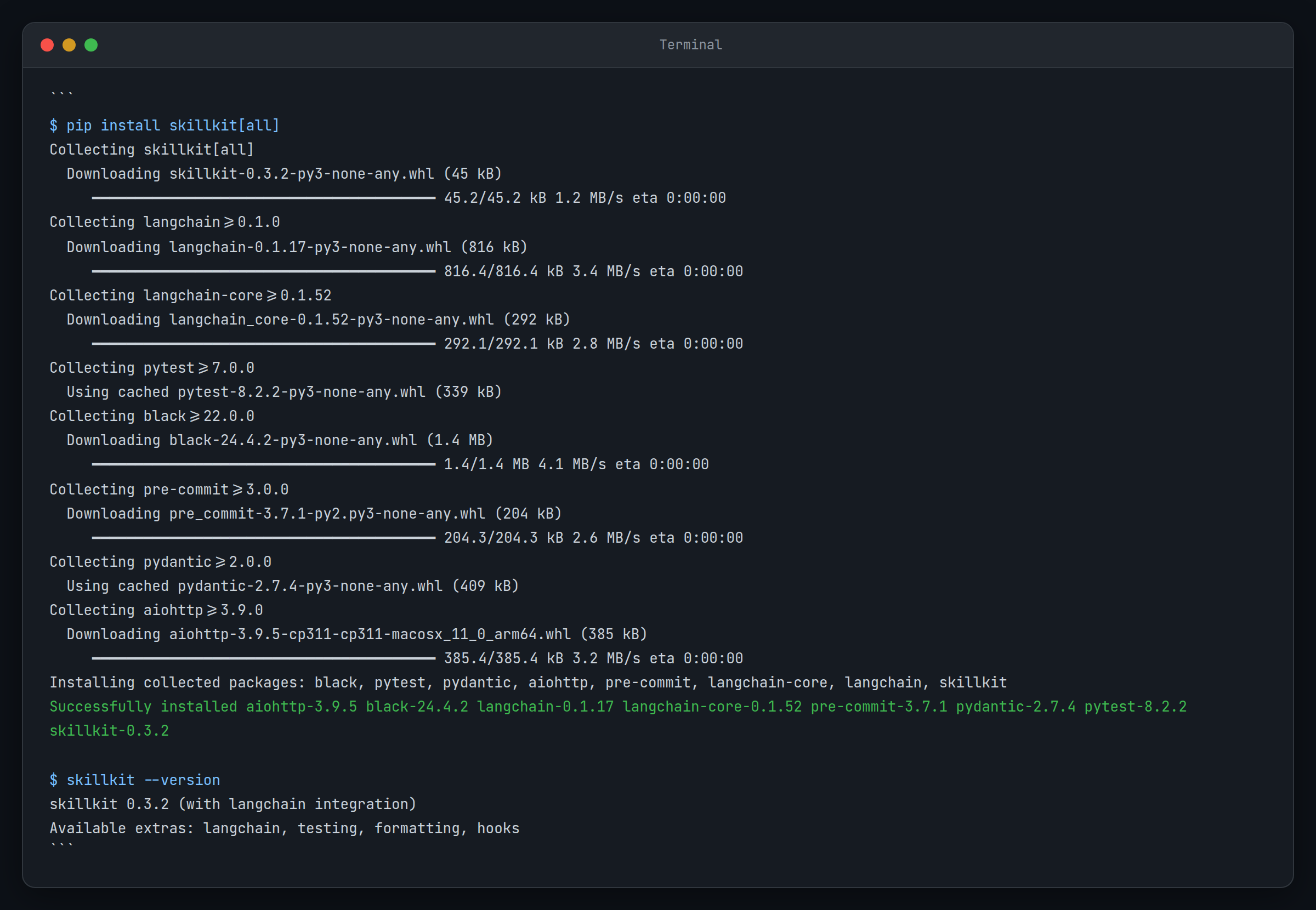 Terminal montrant l'installation du Skillkit avec tous les extras