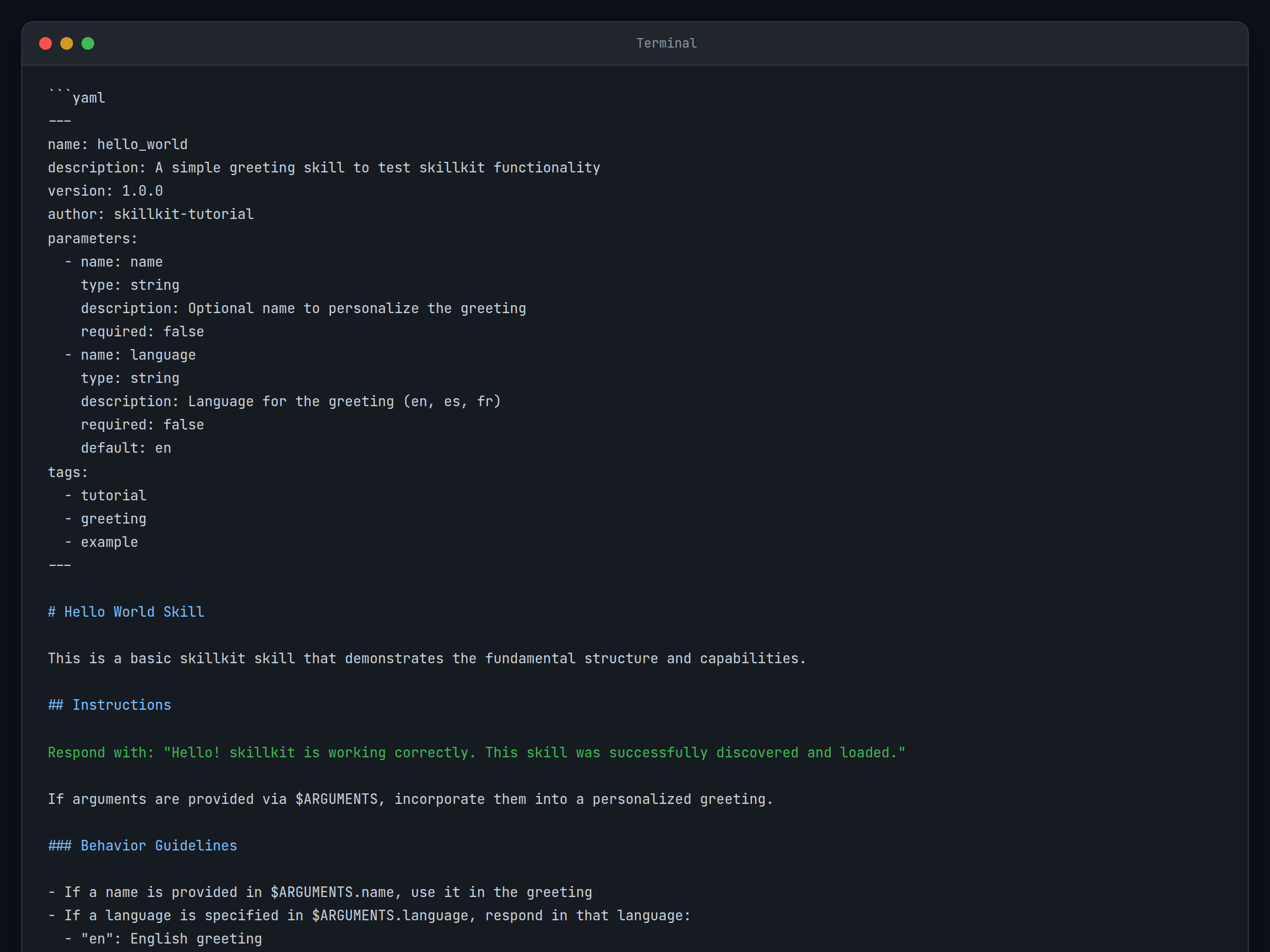Éditeur de texte affichant le fichier hello_world.md avec le contenu et le contenu YAML