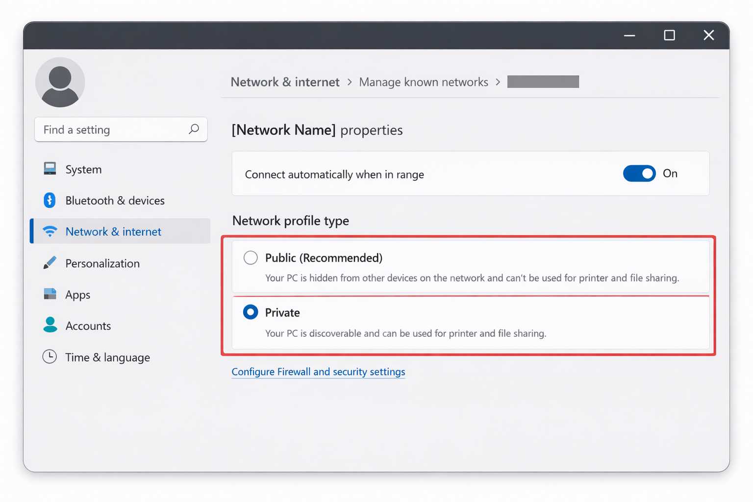 Page des propriétés du réseau Wi-Fi Windows 11 affichant les options de type de profil réseau avec Réseau privé sélectionné