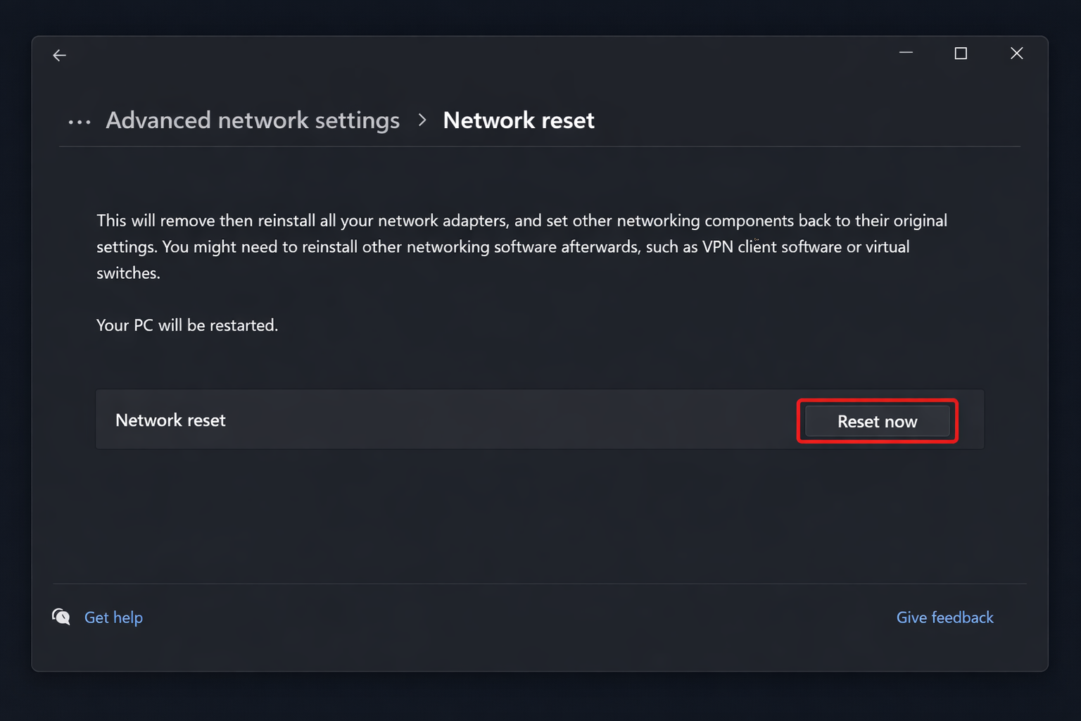 Page de réinitialisation du réseau Windows 11 affichant le bouton Réinitialiser maintenant et le texte d'avertissement