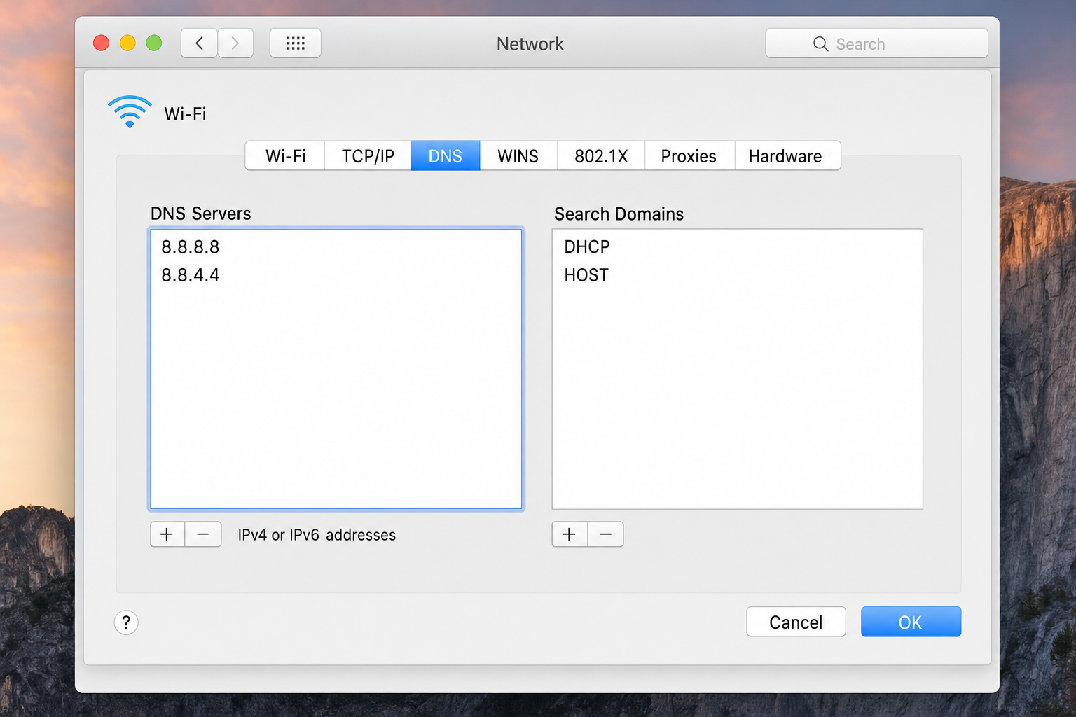 Paramètres système macOS Configuration réseau affichant les serveurs DNS Google 8.8.8.8 et 8.8.4.4