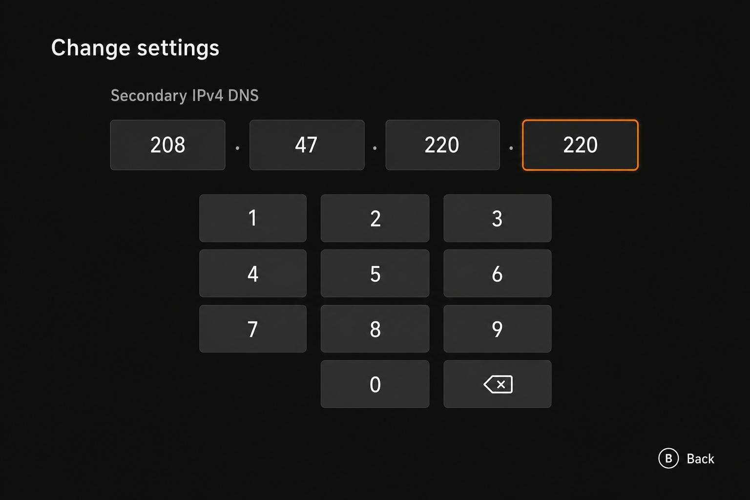 Paramètres réseau avancés Xbox Series X/S affichant la configuration DNS manuelle avec les champs du serveur DNS principal et secondaire