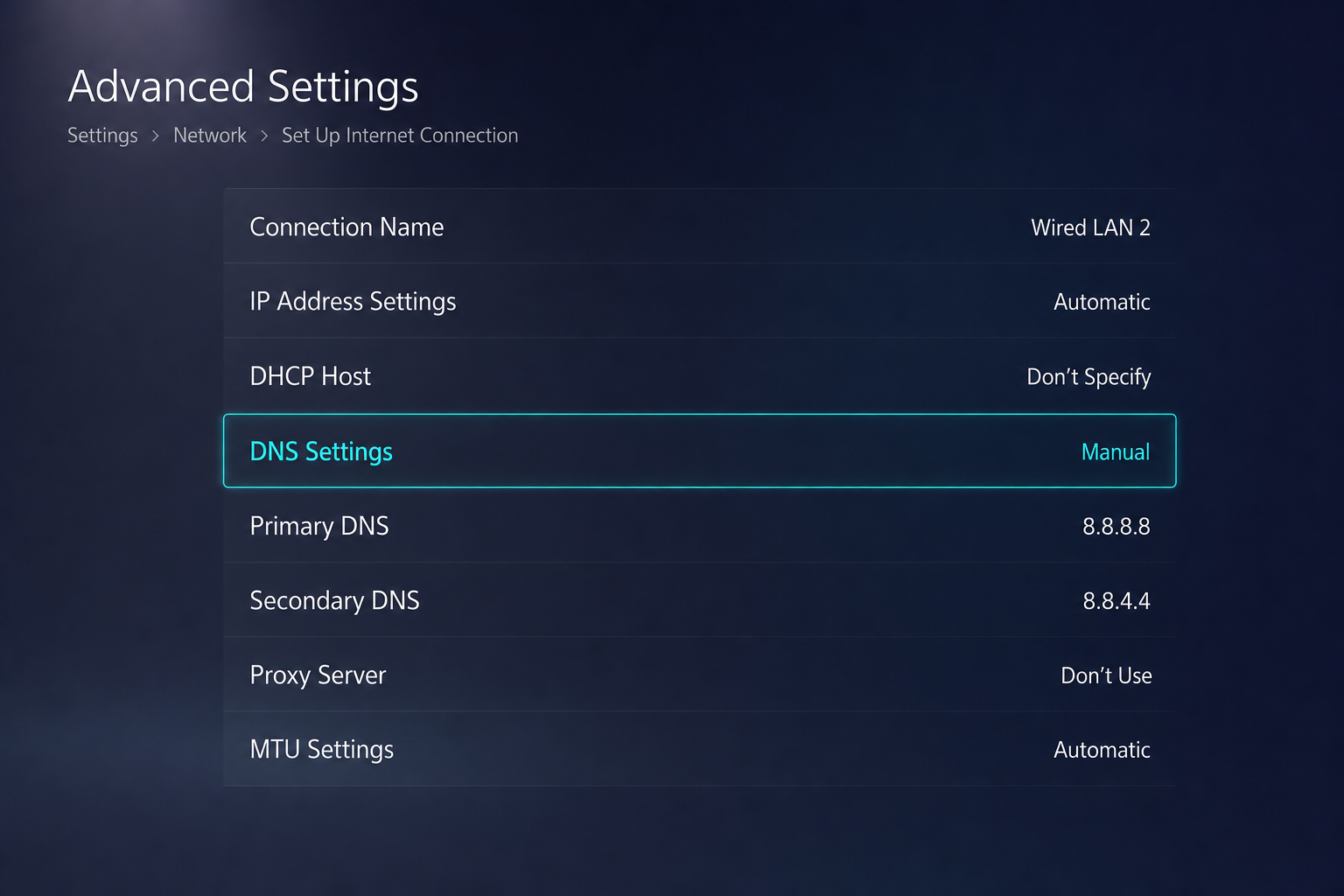 Paramètres réseau PlayStation 5 affichant la configuration DNS manuelle avec les champs du serveur DNS principal et secondaire