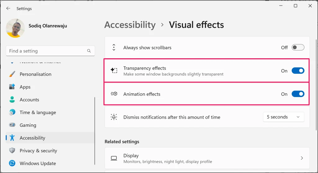 Étapes pour éteindre "Effets de transparence" et "Effets d'animation" dans les paramètres des effets visuels de Windows - turn-off-animation-effects-windows-11-pc