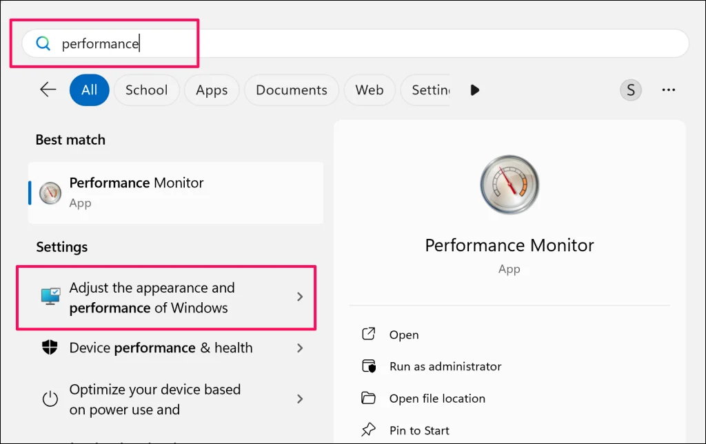 "Ajuster l'apparence et les performances de Windows" dans le menu Démarrer de Windows - ajuster-effets-visuels-performance-windows-11