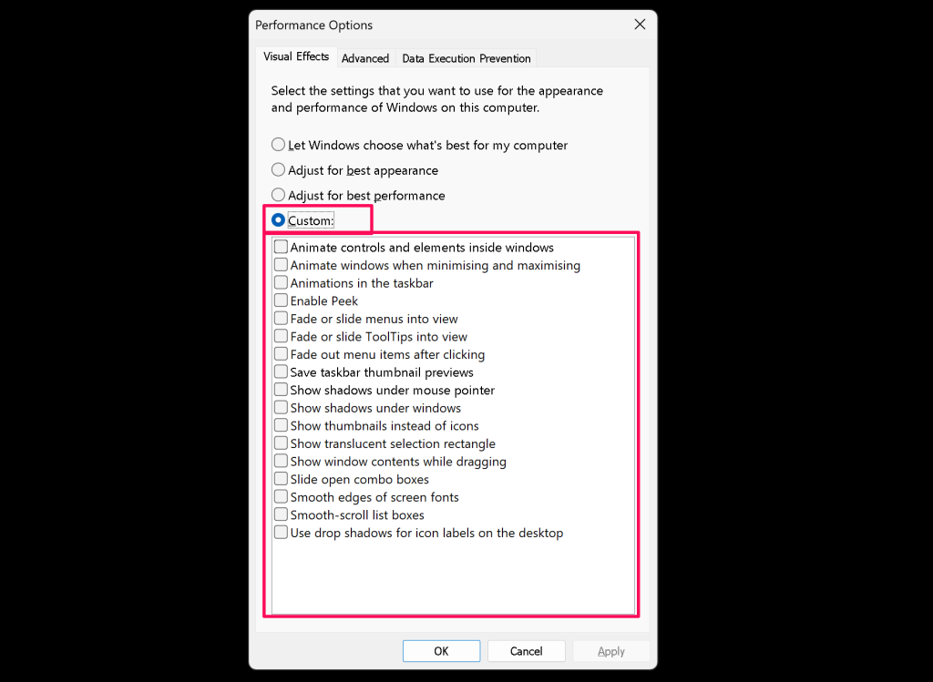Paramètres d'effets visuels personnalisés dans Windows - désactiver les effets visuels dans Windows