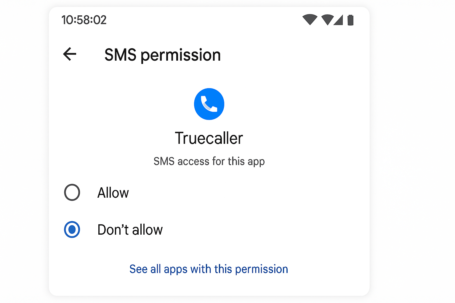 Boîte de dialogue d'autorisation Android pour Truecaller affichant les autorisations de téléphone, de contacts et de SMS avec les boutons Autoriser