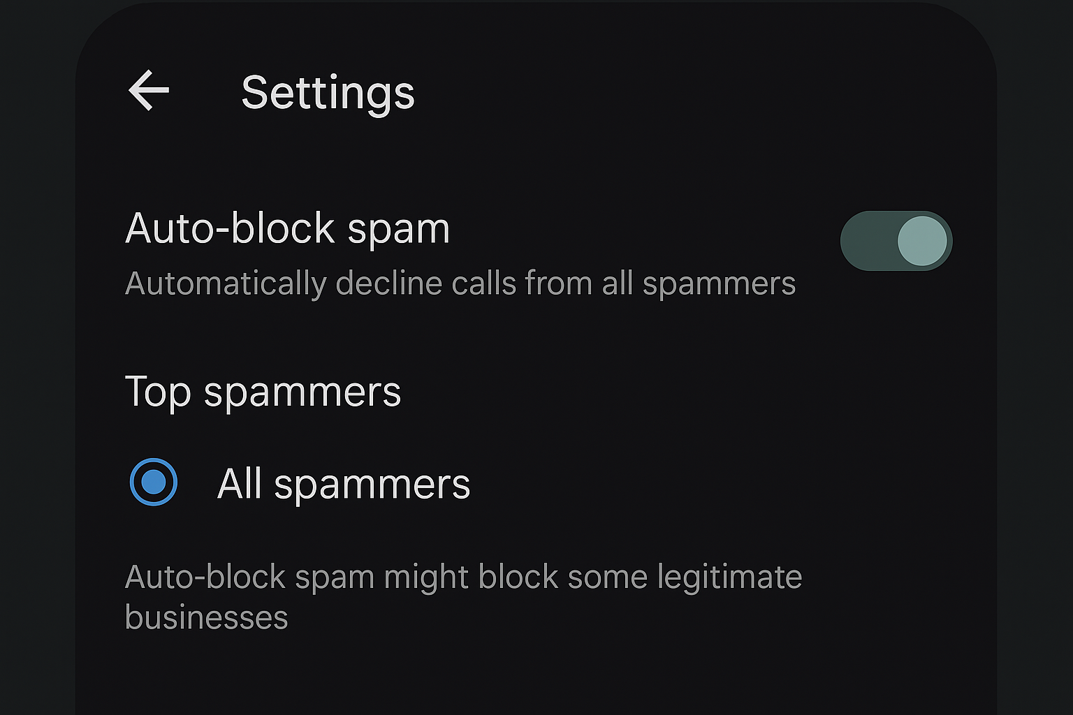 Page des paramètres de Truecaller affichant les options de blocage avec l'option Blocage automatique des principaux spammeurs activée