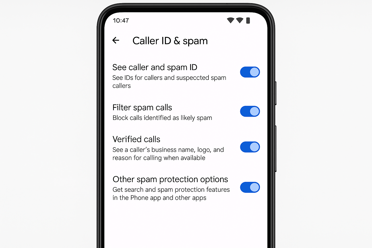 Paramètres de l'application Google Téléphone affichant les options d'identification de l'appelant et de spam avec les boutons activés