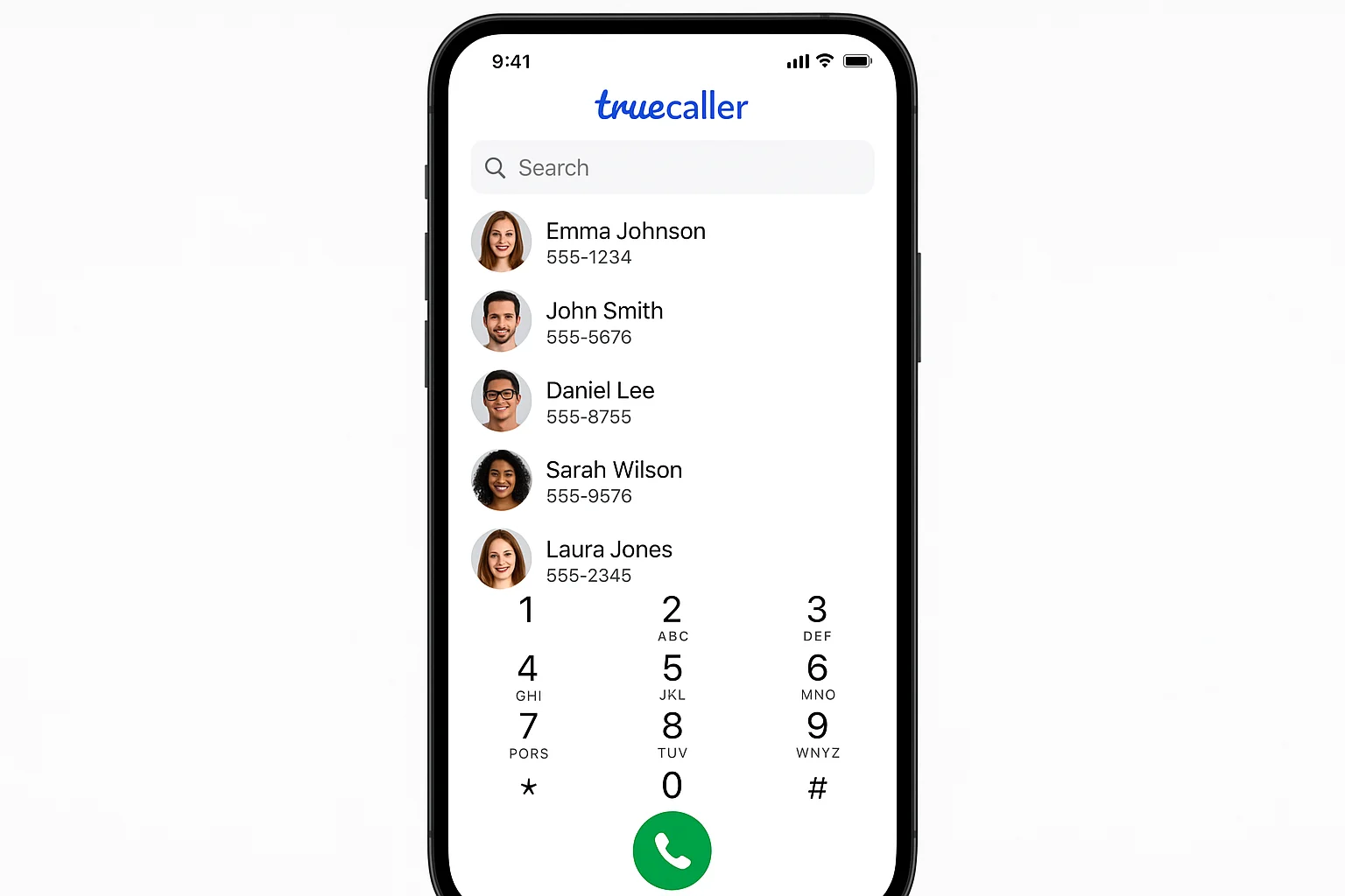 Écran du smartphone affichant l'interface de l'application Truecaller avec barre de recherche et affichage des informations sur l'appelant