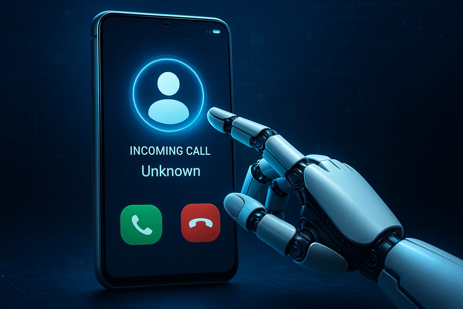 Icône de robot futuriste AI répondant à un appel téléphonique avec fond d'interface de dépistage numérique