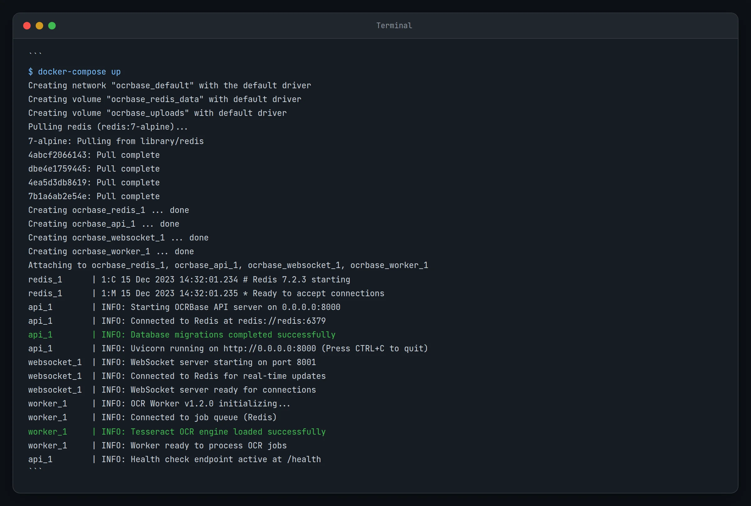 Terminal affichant la commande docker-compose up avec le démarrage réussi des conteneurs