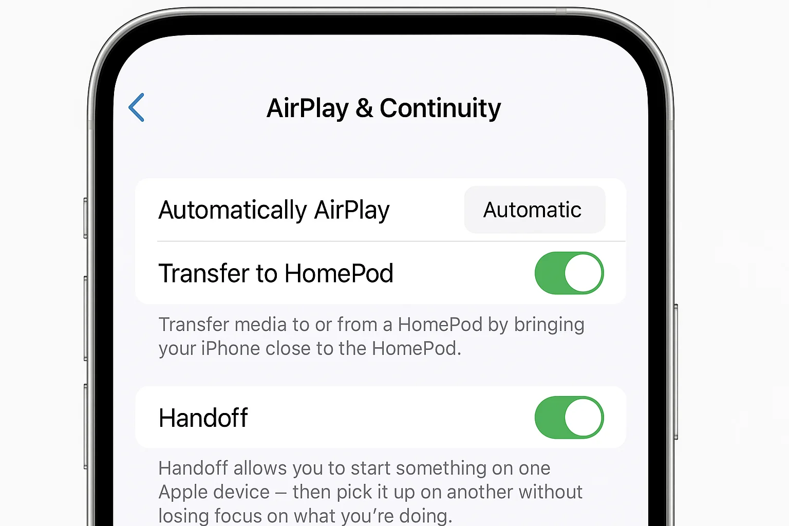Paramètres iOS affichant les options AirPlay et Handoff avec paramètres de connexion automatiques