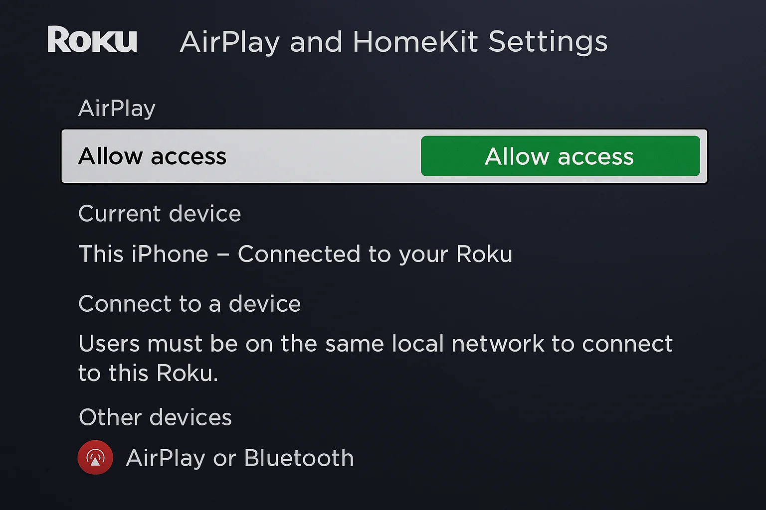Paramètres de sécurité de Roku AirPlay affichant les options de contrôle d'accès