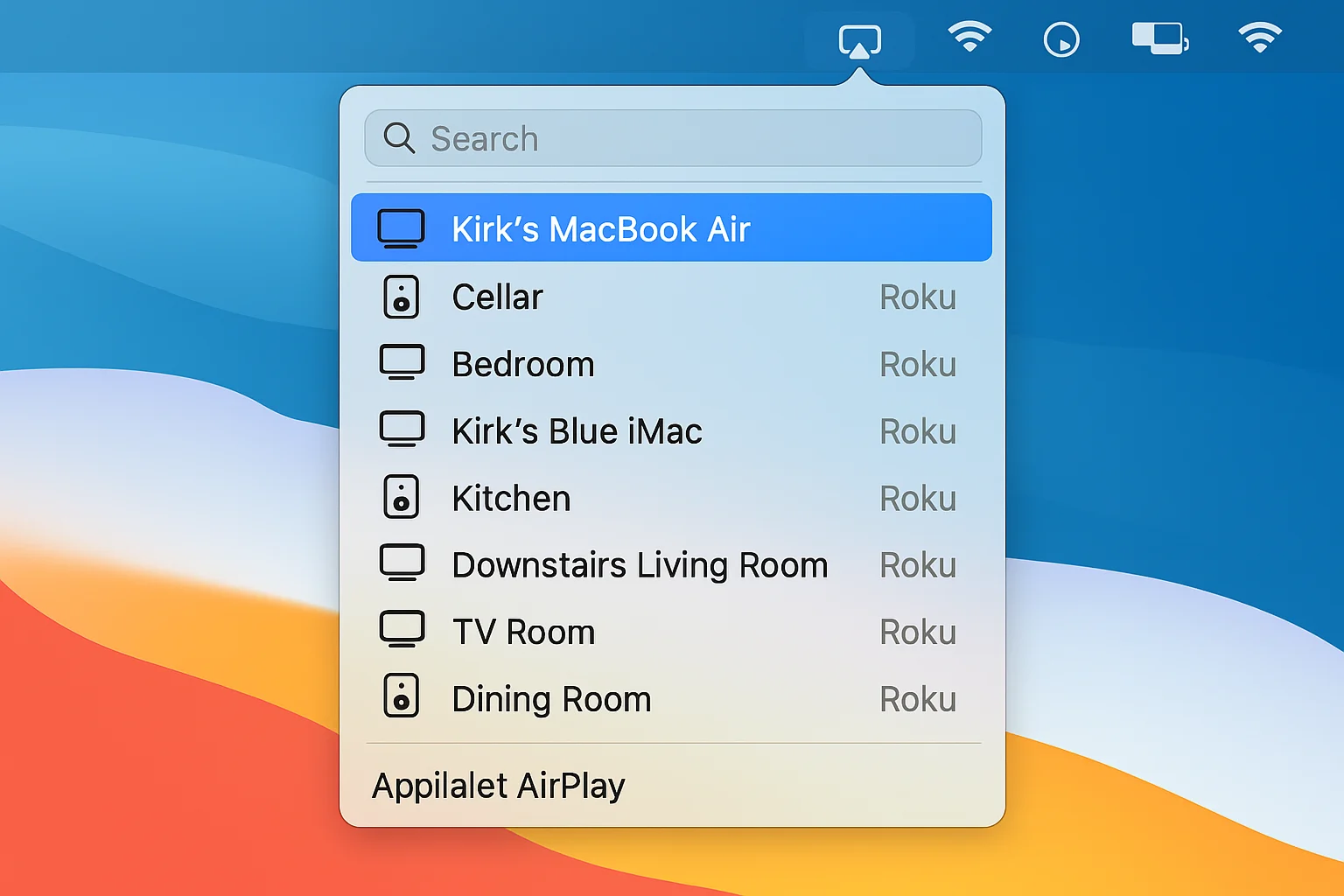 Menu macOS AirPlay affichant plusieurs appareils Roku avec les noms des pièces