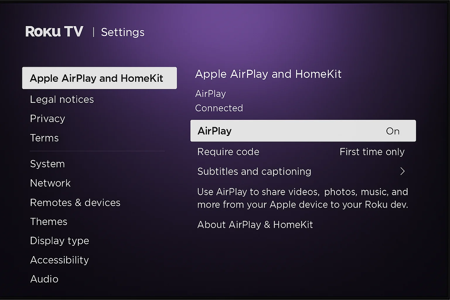 Tableau de bord d'administration Roku affichant l'état d'une seule connexion AirPlay active