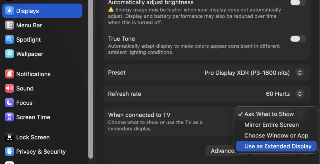 paramètres d'affichage - Conseils techniques en ligne Paramètres d'affichage macOS - lors de la connexion aux options du téléviseur - paramètres d'affichage