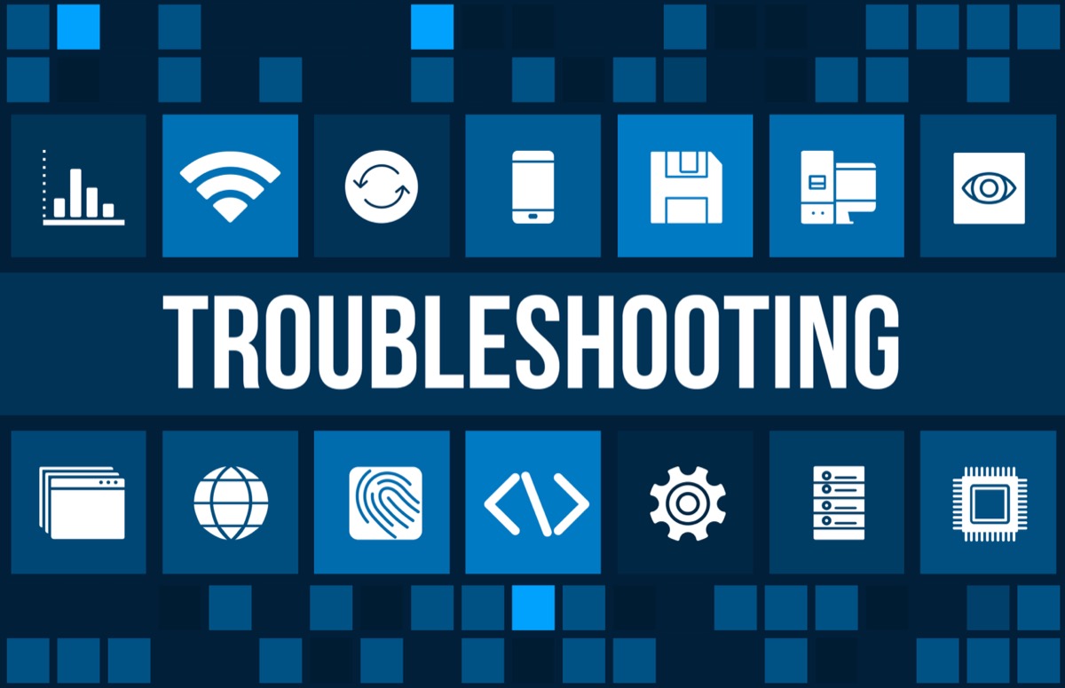 Troubleshooting concept image with technology icons and copyspace - The Back Room Tech