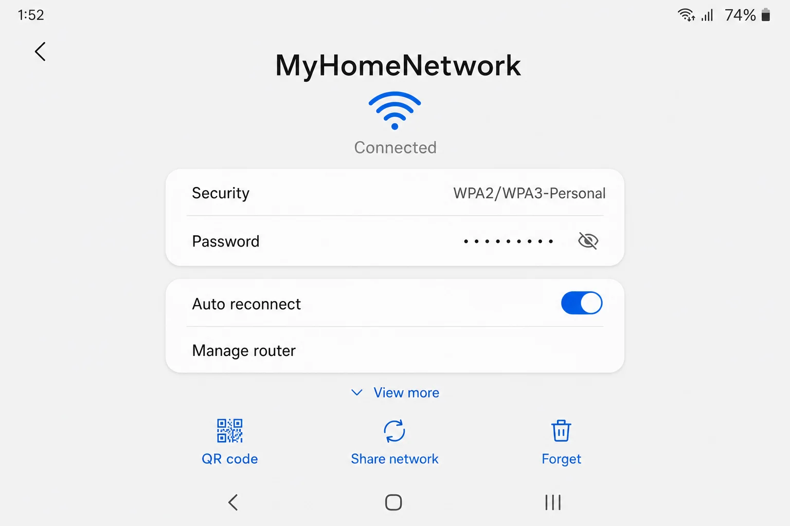 Écran de détail du réseau Wi-Fi Samsung One UI avec un bouton de code QR clairement visible en bas. Interface utilisateur propre et lisible, pas de texte tronqué.