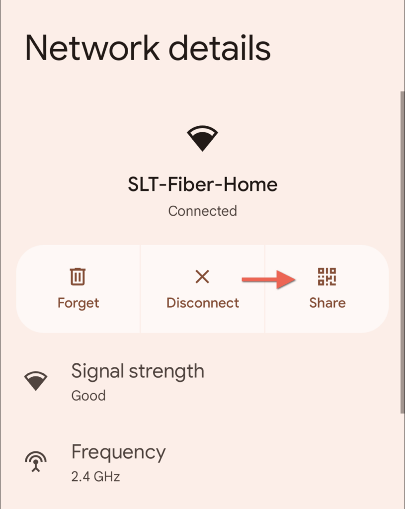 "Partager" icône pour un réseau Wi-Fi mis en évidence dans Paramètres. - 4-détails du réseau
