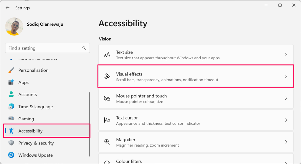Effets visuels dans les paramètres d'accessibilité de Windows 11 - turn-off-visual-effects-windows-11