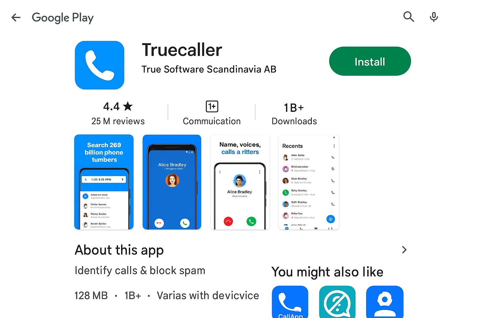 Google Play Store affichant la page de téléchargement de l'application Truecaller avec le bouton d'installation