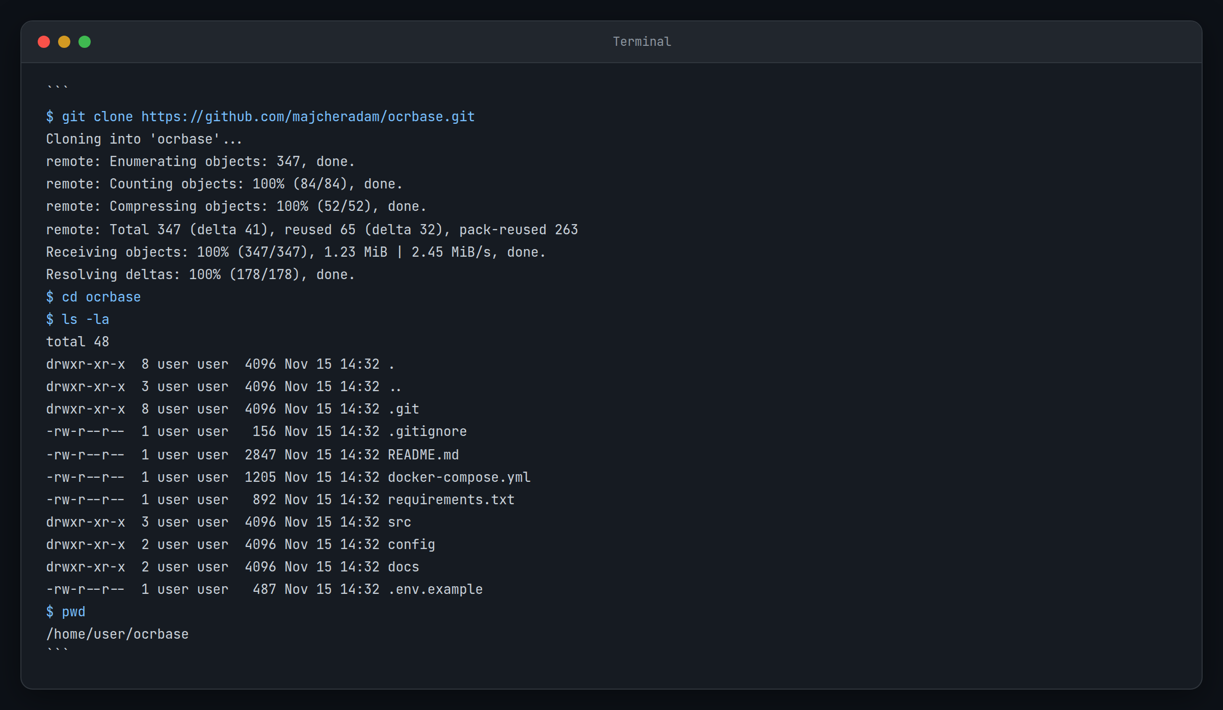 Terminal affichant la commande git clone et le téléchargement réussi du référentiel