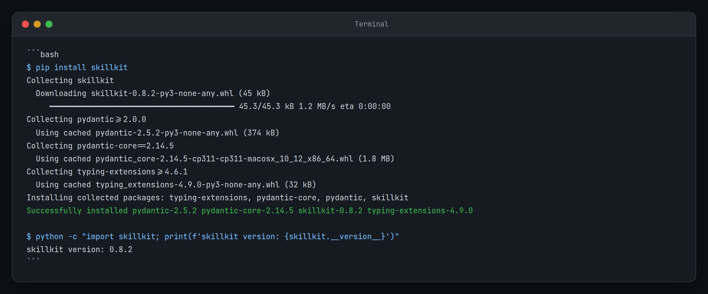 Terminal affichant la commande pip install Skillkit réussie avec sortie de version
