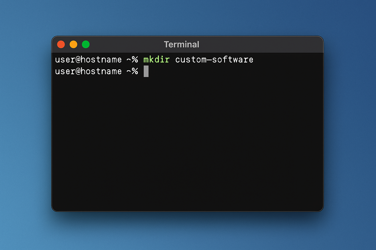 Terminal affichant la création d'un répertoire de logiciels personnalisés avec la commande mkdir réussie
