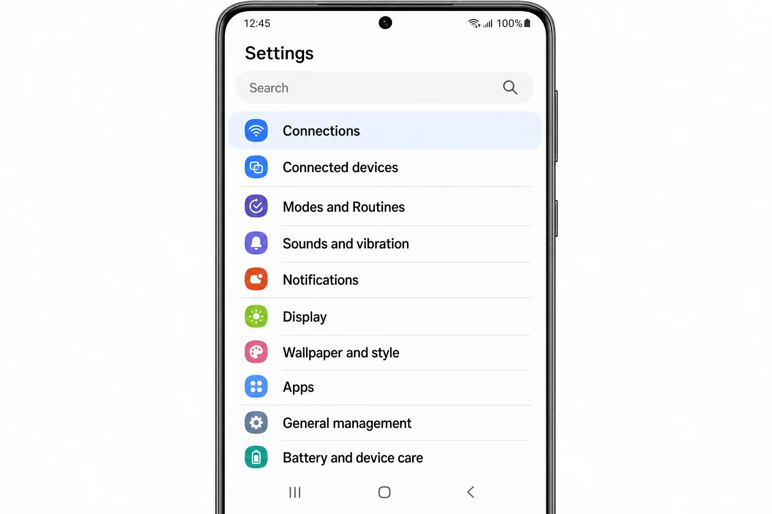 Écran principal de l’application Paramètres du téléphone Samsung Galaxy, One UI. Afficher une liste verticale de lignes de paramètres, chacune avec une icône et une étiquette anglaise correctement orthographiée : Connexions (en surbrillance/sélectionnées), Sons et vibrations, Notifications, Affichage, Fond d'écran et style, Applications, Gestion générale, Entretien de la batterie et de l'appareil. Texte lisible et net, pas de mots mal orthographiés ou tronqués.