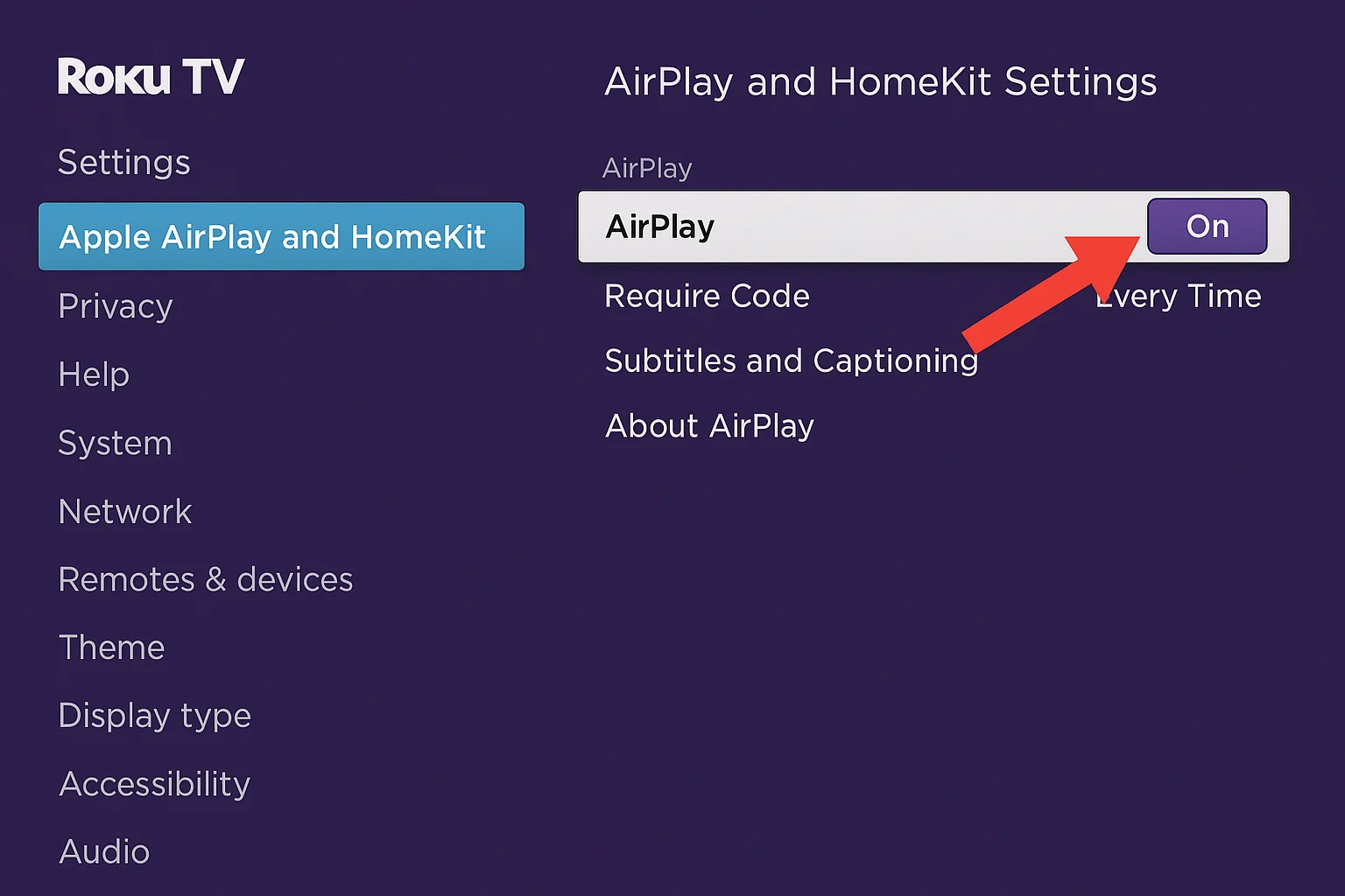 Paramètres Roku affichant le menu Apple AirPlay et HomeKit avec la bascule AirPlay en surbrillance