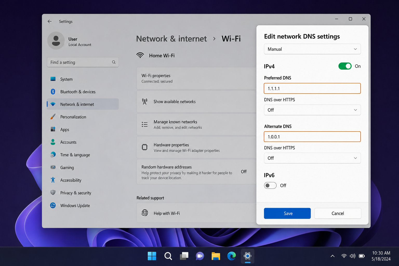 Paramètres réseau Windows 11 affichant la configuration du serveur DNS avec les adresses Cloudflare 1.1.1.1 et 1.0.0.1